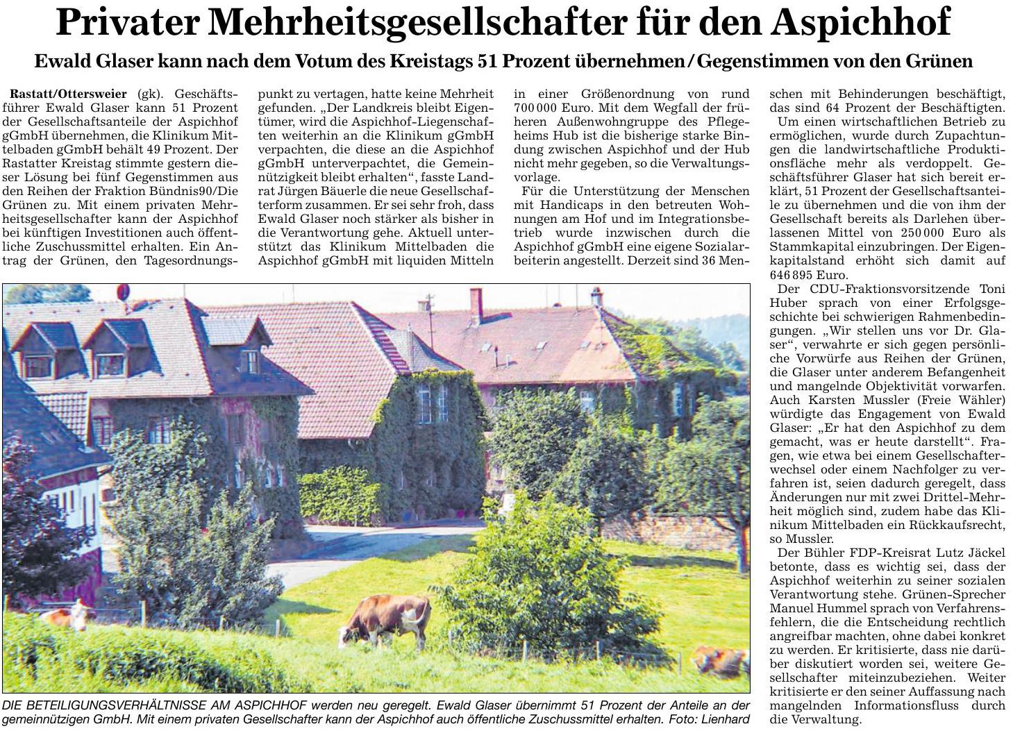 BNN 16.12.15 Privater Mehrheitsgesellschafter für den Aspichhof