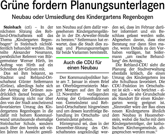 BT 13.01.16 Grüne fordern Planungsunterlagen (KiGa Regenbogen)