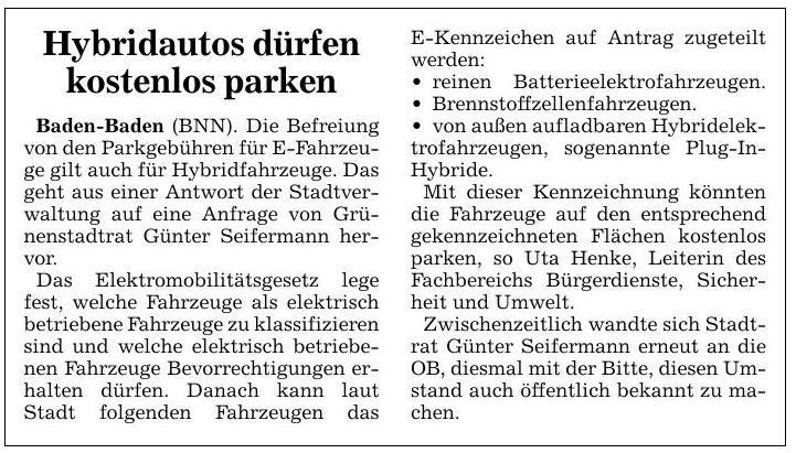 BNN 12.07.16 Hybridautos dürfen kostenlos parken