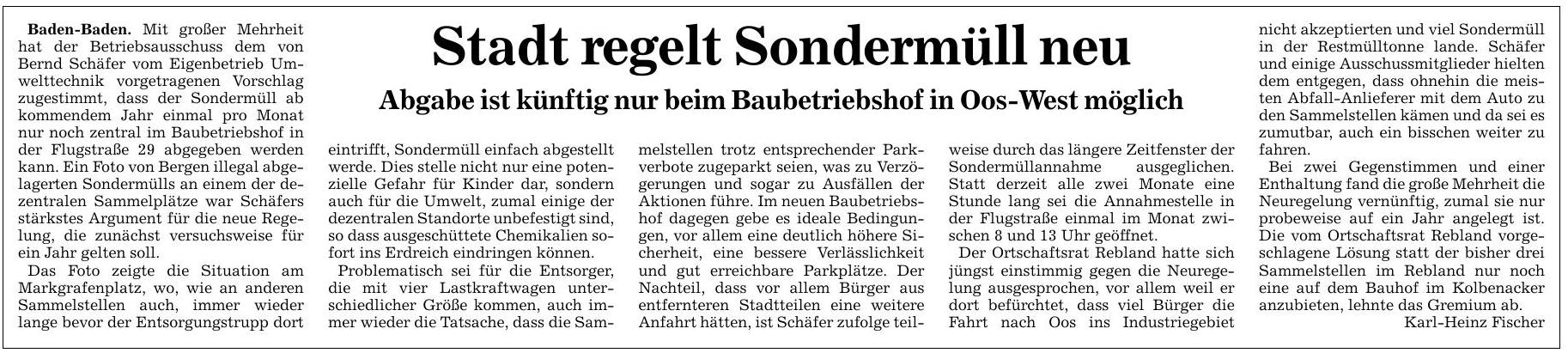 BNN 23.07.16 Stadt regelt Sondermüll neu