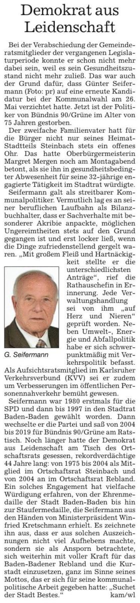Nachruf Günter Seifermann, BNN 25.07.19