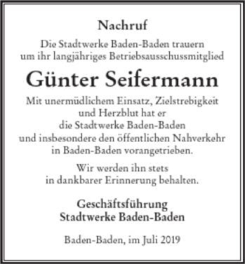 Nachruf von Stadtwerke Baden-Baden